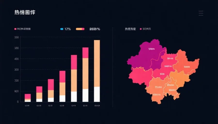 简洁明了的柱状图与热力图并列展示，背景为深色，前景突出各区域数据差异